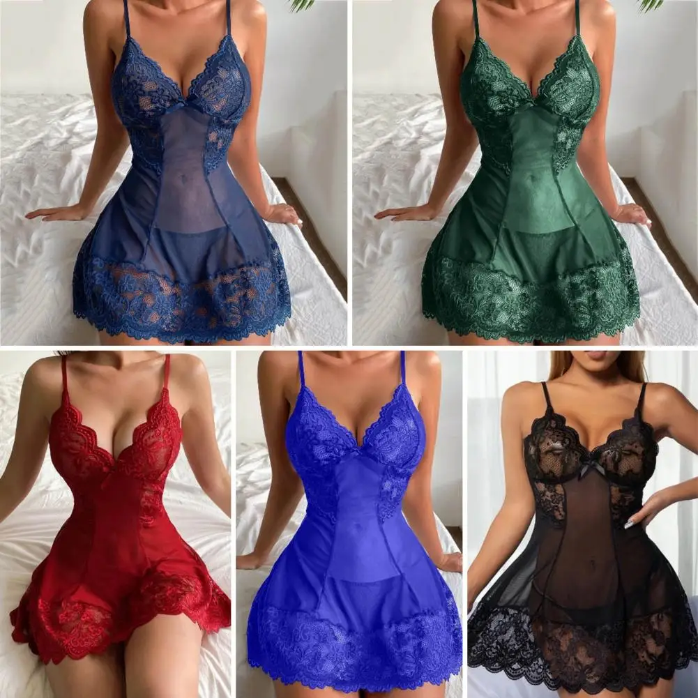 

Women Lace Nightgown Sexy V-neck Nightgown Elegant Lace Patchwork Nightgown for Women V Neck Spaghetti Strap Sleepwear Dress