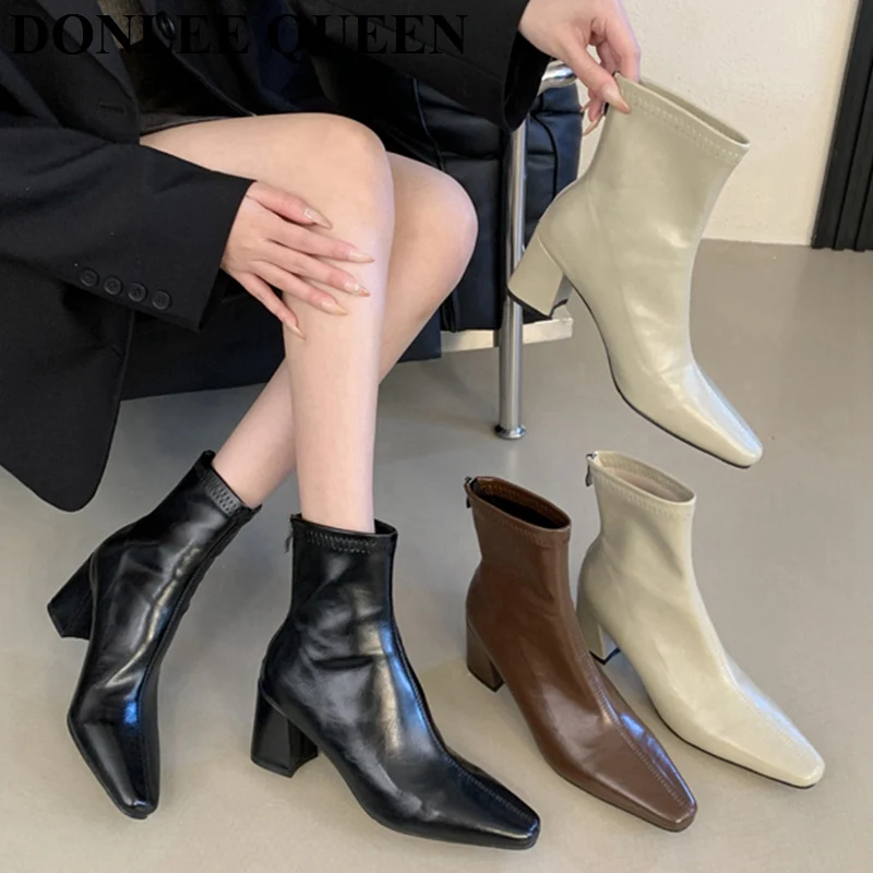 

2025 Autumn Winter New High Heels Slim Boots Fashion Square Toe Chelsea Shoes Female Short Booties Back Zipper Ankle Boots Mujer