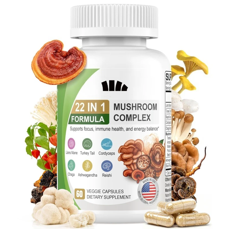 Suplementos de setas Extractos de ostras doradas, amarillo morera, Poria Cocos, Ganoderma Lucidum y cola de pavo, 60 cápsulas