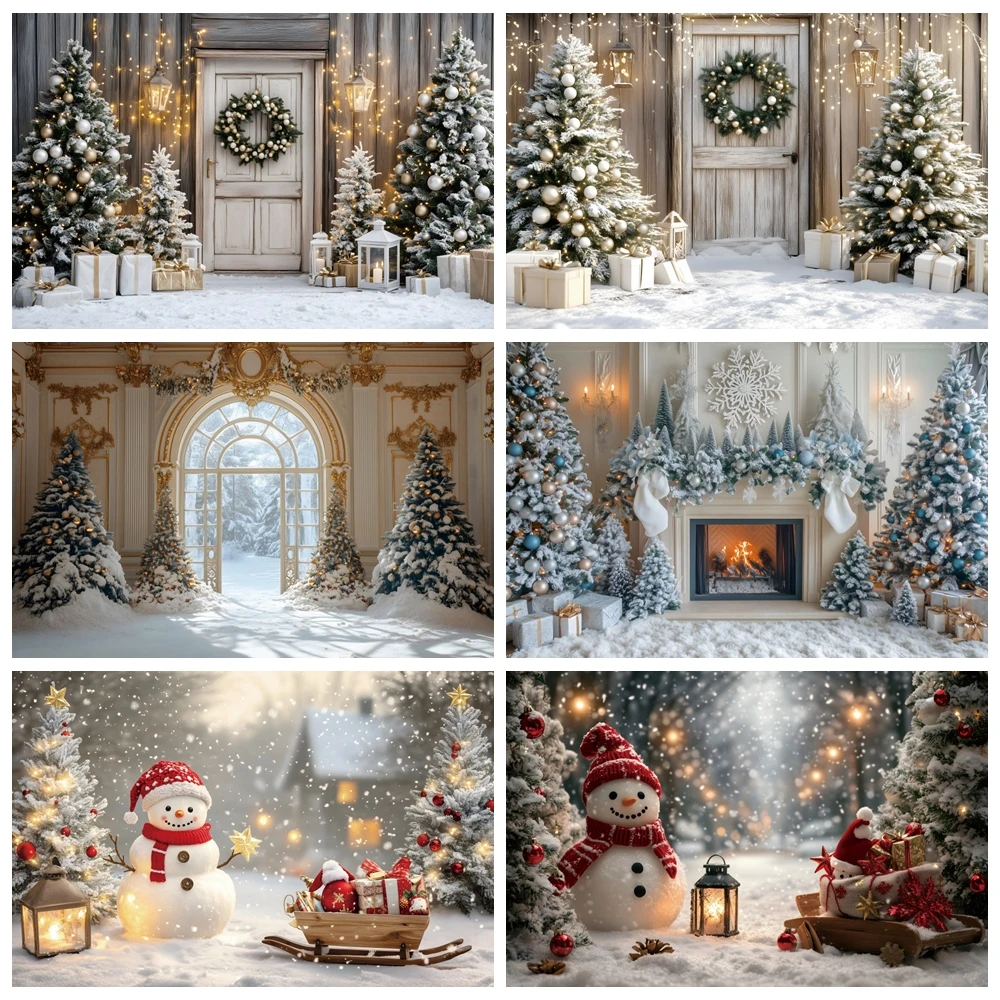 White Christmas Fireplace Background Photography Winter Wood Window Xmas Tree Gift Portrait Backdrop Party Decor Photo Studio