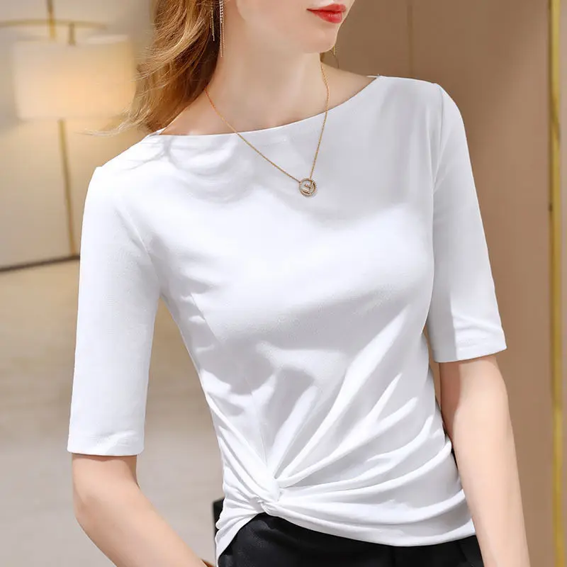 تي شيرت من القطن الخالص بأكمام متوسطة للنساء بلون سادة نحيف وأنيق ونحيف غير منتظم بطول واحد