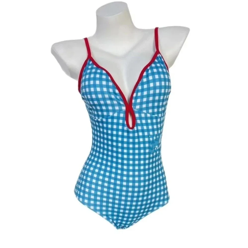 Simple Open Back Bodysuit Swimwear Slim Fit Jumpsuit Checkered Swimsuit V-neck Sweet Bathing Suit Summer