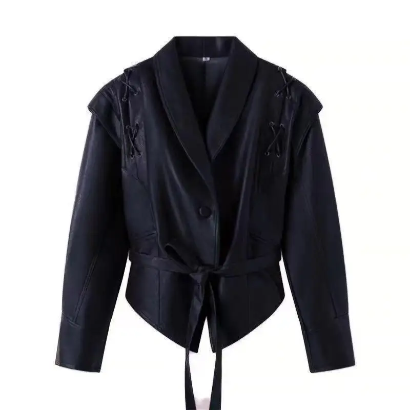 المرأة بولي Blazers الخريف الشتاء الدانتيل متابعة معطف نحيف الشارع الشهير سيدة حزام ملابس خارجية موضة براون غير النظامية فو سترة جلدية