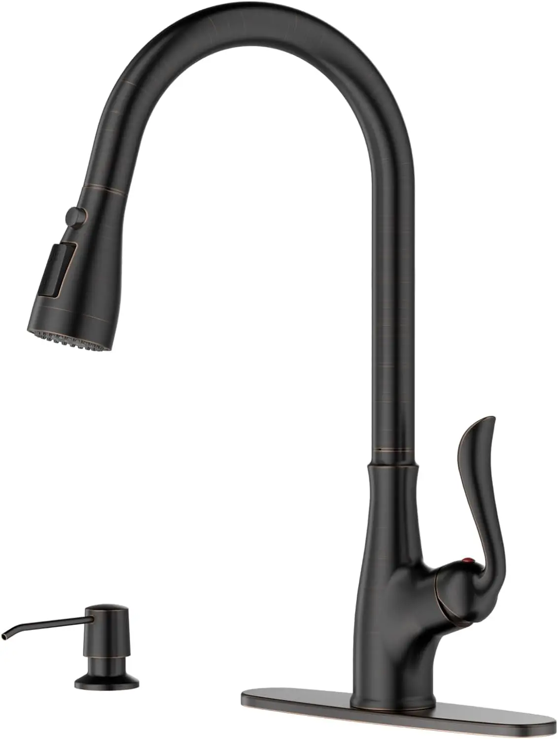 

Antique Bronze Pull Down Kitchen Faucet with Soap Dispenser and Sprayer, High Arc Single Handle Design