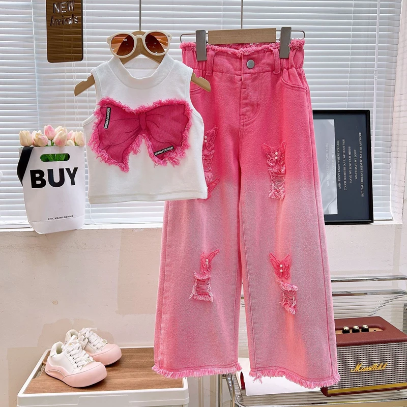 2025 Summer New Girls Clothing Set Bow Sleeveless Vest+Butterfly Decoration Gradient Ripped Jeans 2Pcs For 3-8Y Fashion Outfit