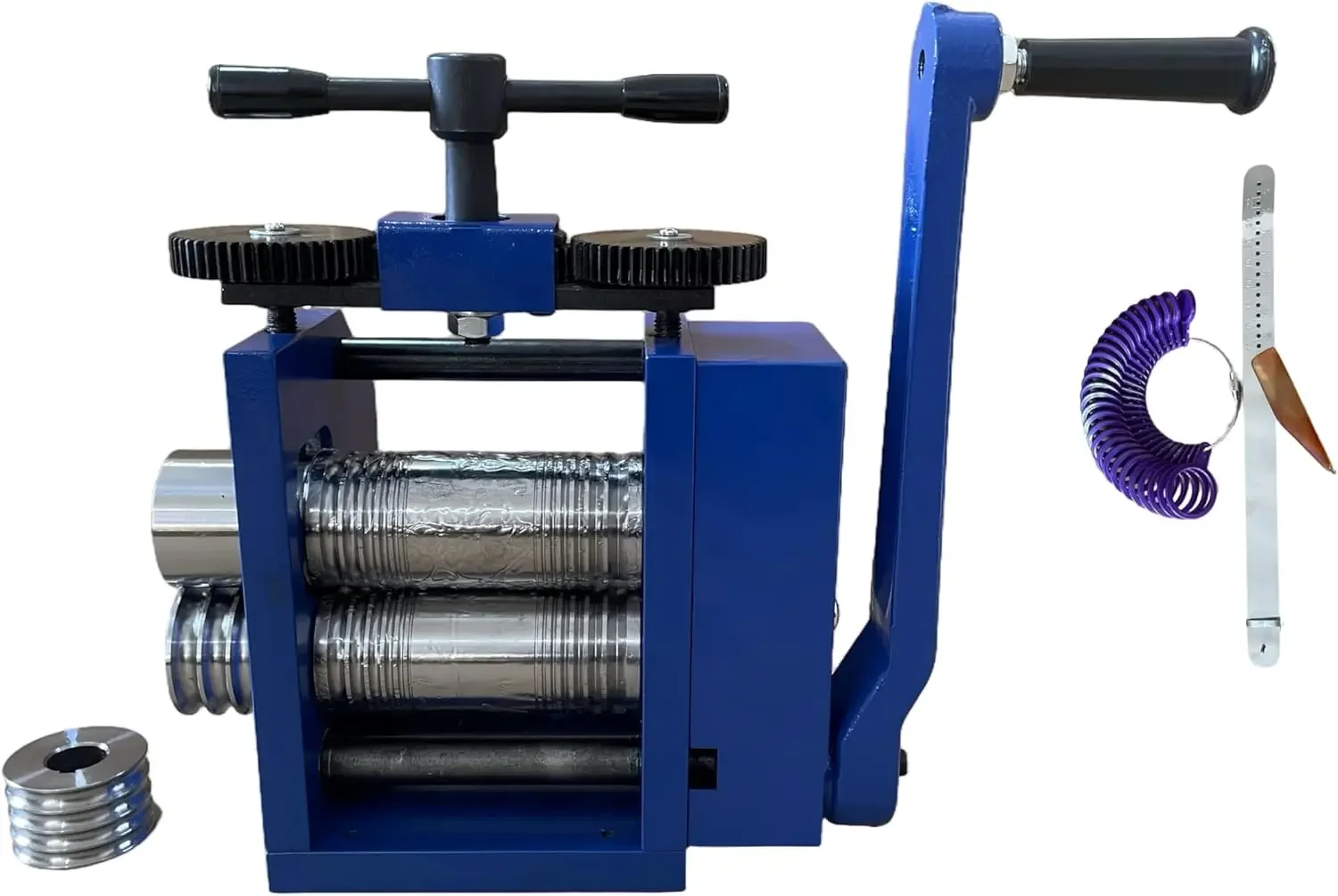

4-in-1 Jewelry Rolling Mill, Draw Round Square Flat Semicircle Wire, 1.6" 42mm Roller 1:5 Gear Ratio, Adjustable Thickness for G