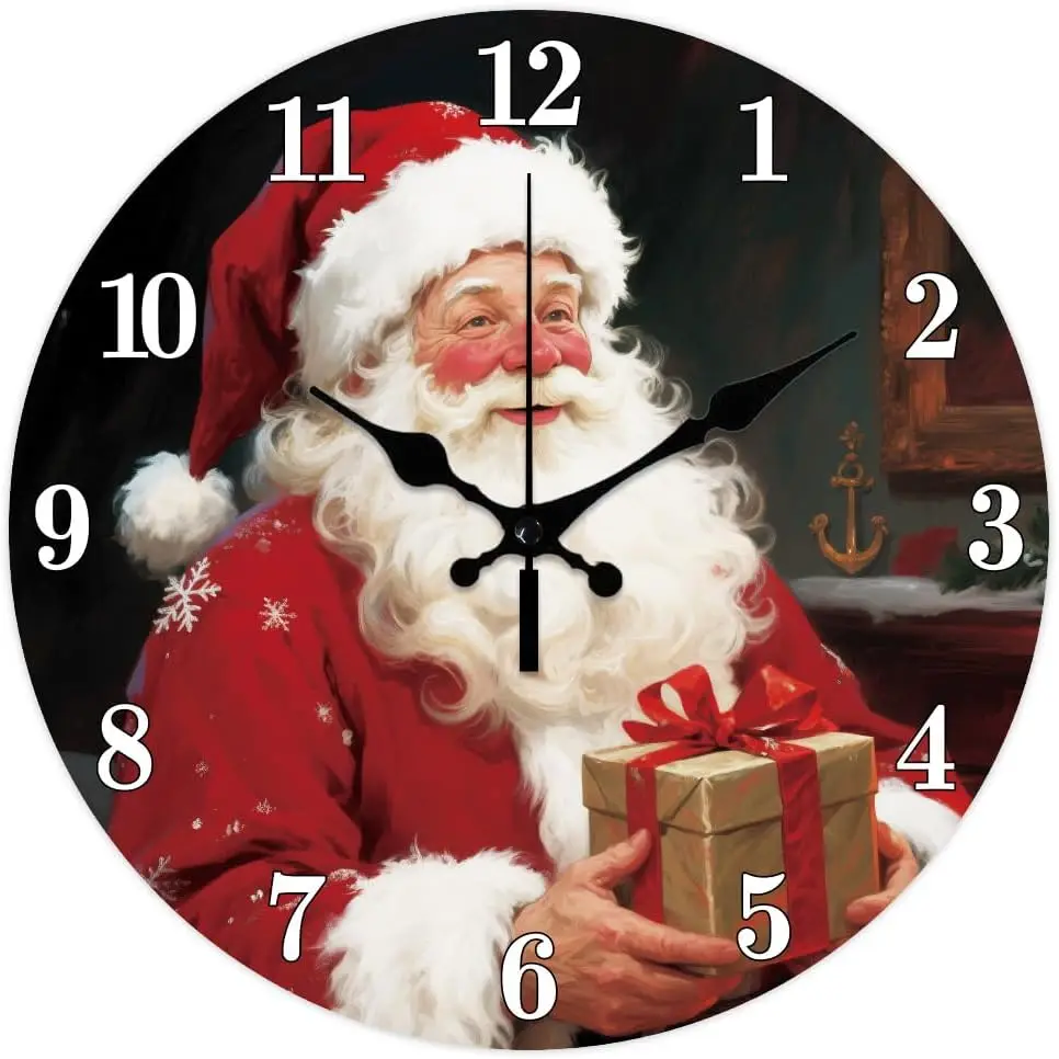 Santa Claus Wall Clock 12 Inch Christmas Box Clock Battery Operated Silent Gift Non Ticking Round Decorative Clock for Home