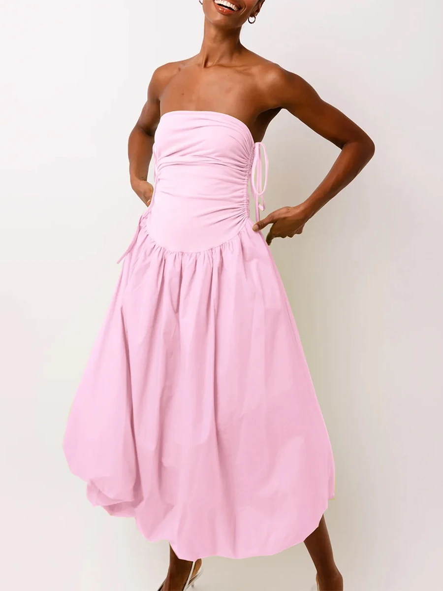 Abito da donna con allacciatura e camicetta, moda senza maniche, aperto sul retro, tinta unita, patchwork, volant, abiti lunghi, casual, streetwear