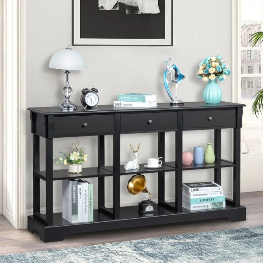 

Console Sofa Table with Ample Storage; Retro Kitchen Buffet Cabinet Sideboard with Open Shelves and 3 Drawers; Accent Storage C