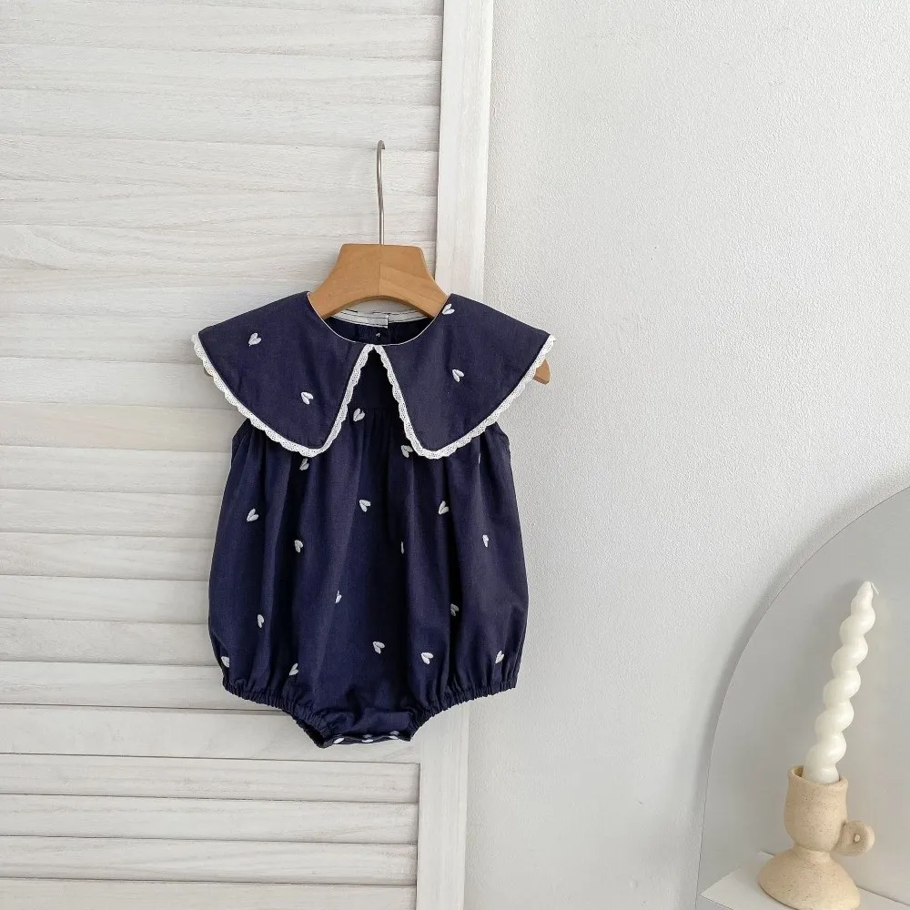 Sleeveless Girl Dress Big Collar Cotton Fabric Girl Romper Sweet Heart Print Dark Blue A-Line Dress