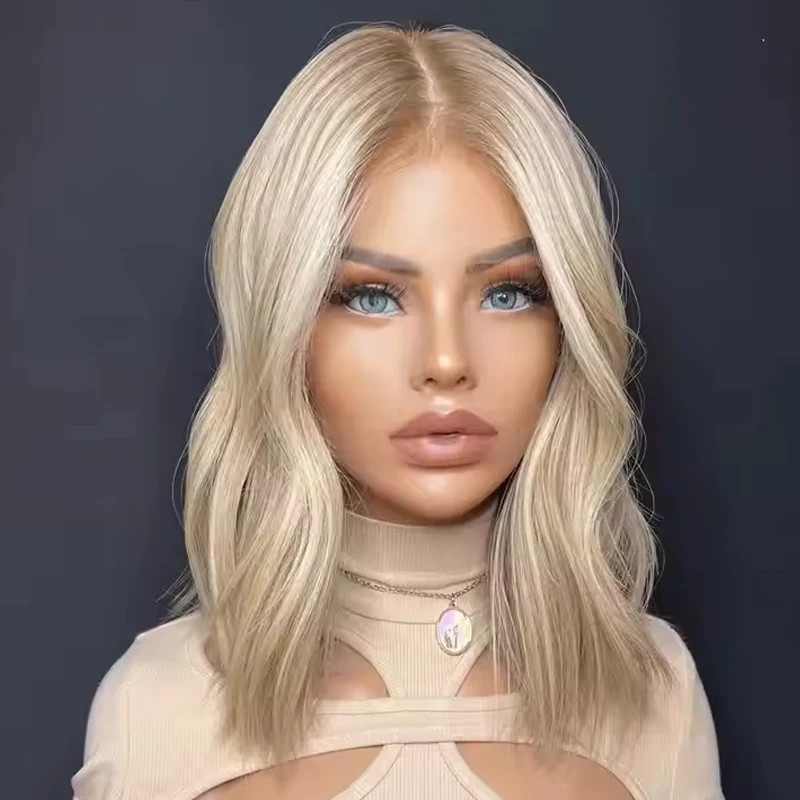 Fashion Synthetic Wig Gold Double Draw Quality Short Hair Silk Top Lace Front Wig High Density For Women Daily Party Use