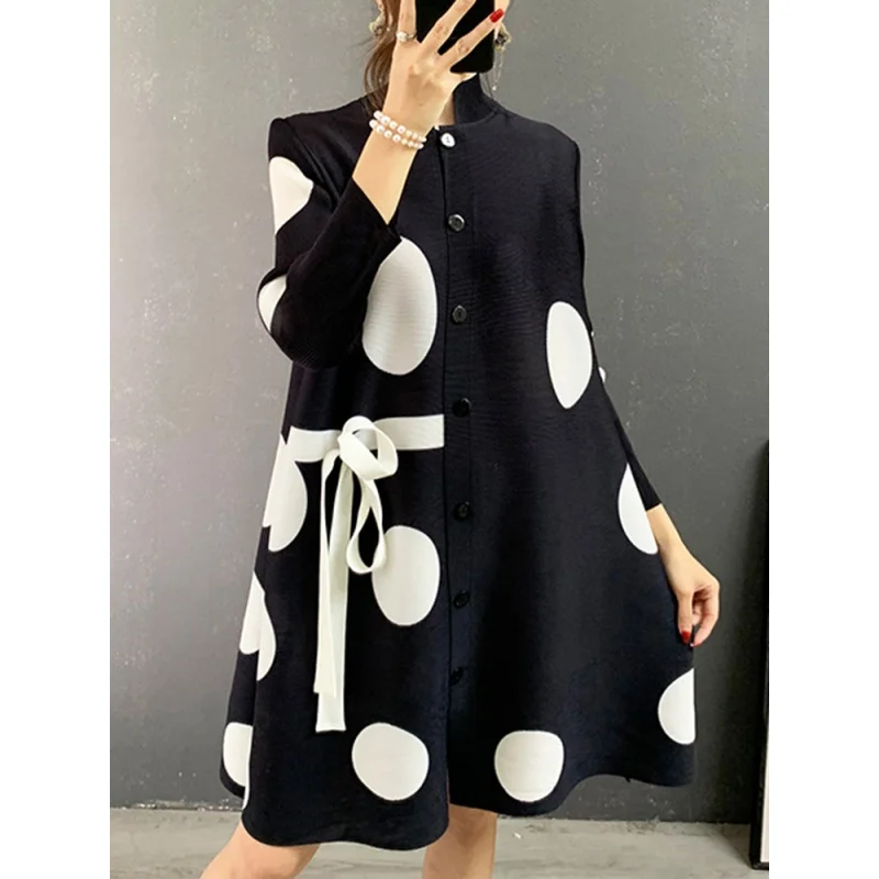 2023 Miyake Stand Collar Pleated Dress Autumn Single Breasted Drawstring Dot Printing Festival Clothing Women Elegant