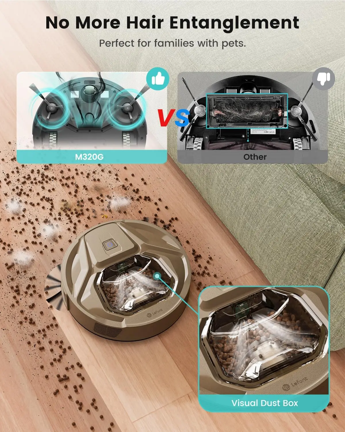 كشف السجاد، شفط 8000 باسكال، ضوضاء منخفضة، سلة مهملات مرئية 800 مل، وقت تشغيل 360 دقيقة، شحن ذاتي، مثالي للأرضيات الصلبة