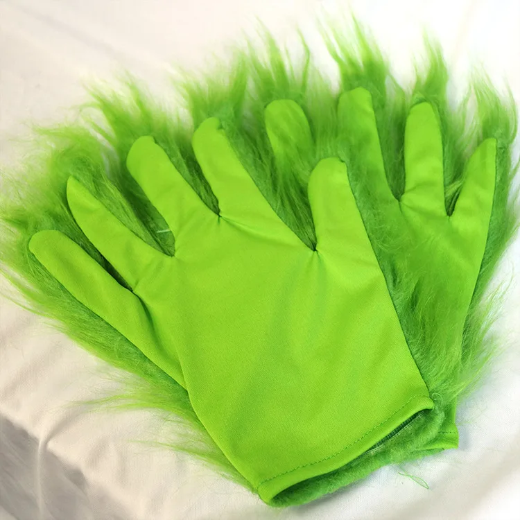 Grinch Green Monster Guantes Máscara de Navidad Guantes peludos Accesorios de fiesta de cosplay