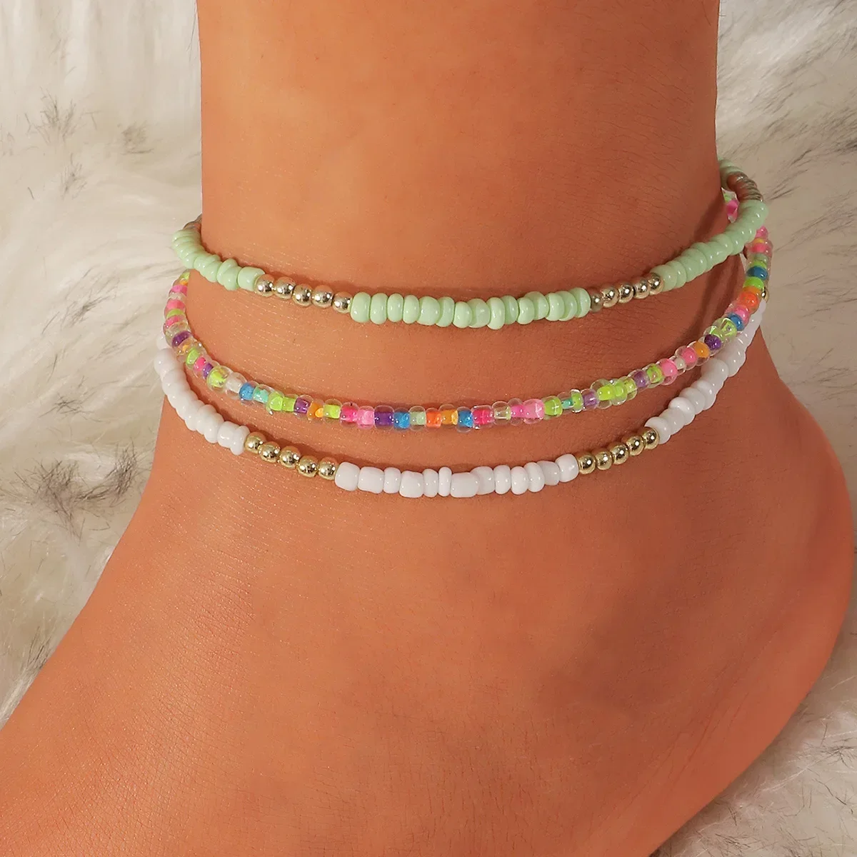 3Pcs/Set Bohemian Colorful Beaded Beads Anklets for Women Summer Ocean Beach Handmade Ankle Bracelet Foot Leg Beach Chain Gift