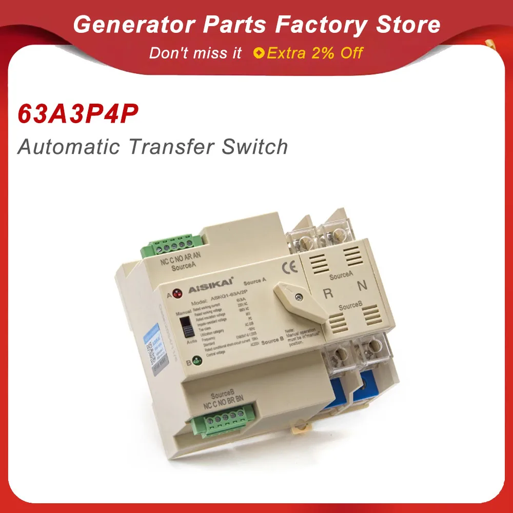 AISIKAI 2P 4P 63A ATS PC Dual Power Automatic Transfer Switch Circuit Breakers For Generator Parts 220V 50/60HZ ASKQ1-63A/2P
