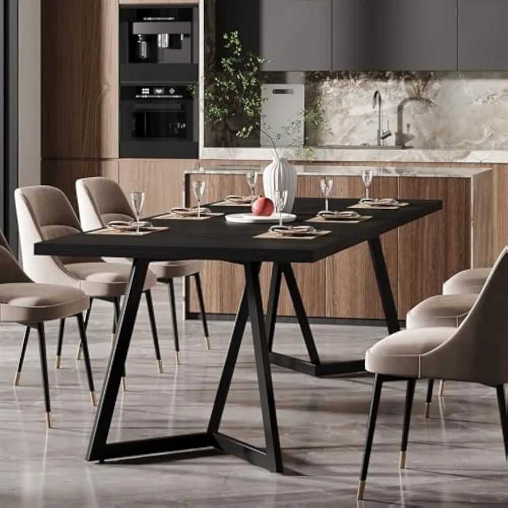 70.87-Inch Large Dining Table for 4-6, Modern Black Dining Room Table with Metal Frame, Rectangular Kitchen Dinner