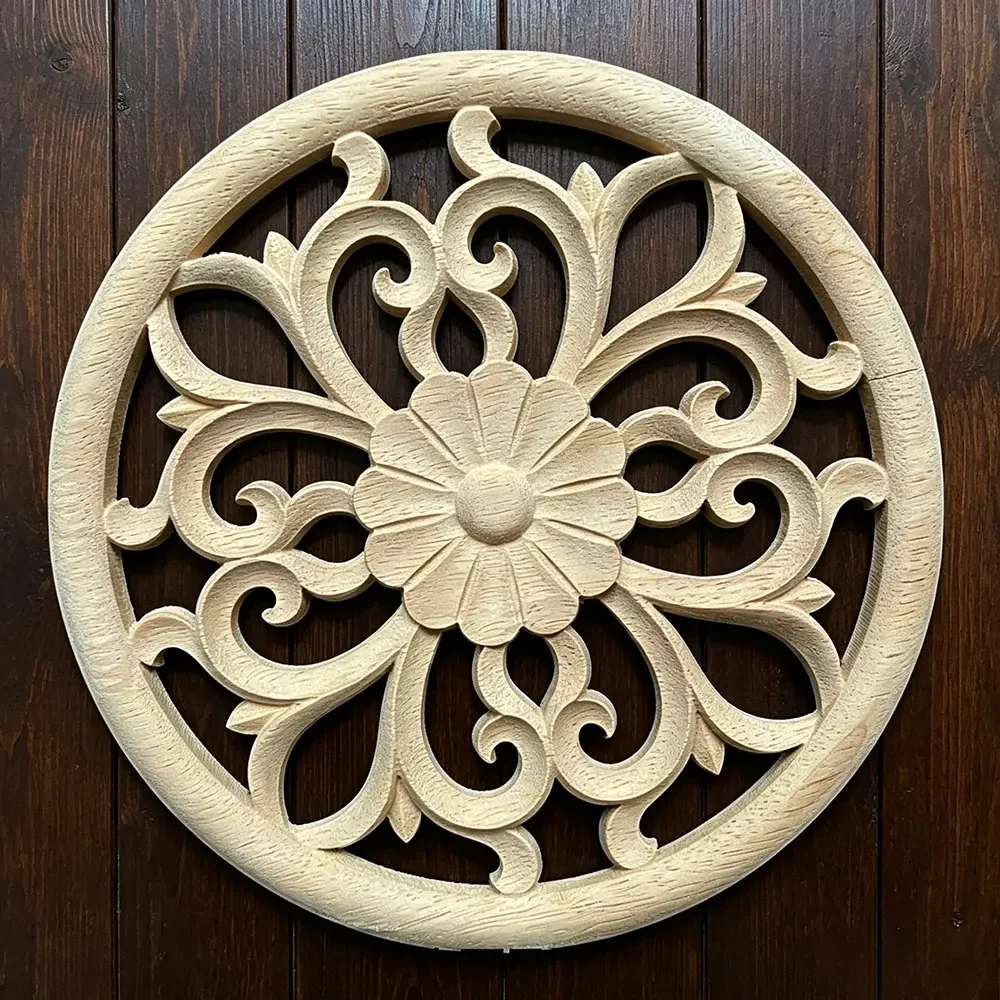 10/15/20/24cm Round Wood Applique Wooden Carving Decal Furniture Wall Corner Decor Cabinets Mirrors Home Decoration Accessories