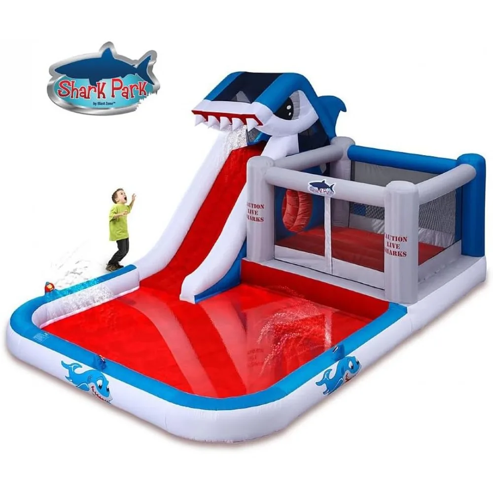 Shark Park 19x11 Inflatable Water Park Bouncer - Blower  Climbing Wall - Slide - Splash Area  Huge