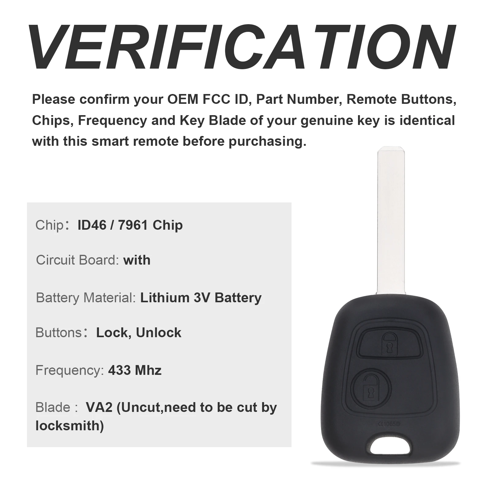 433MHz 2 Buttons Car Key Fob Keyless Entry Remote Replacement Fit for Citroen C1 C2 C3 C4 Xsara Picasso with ID46 Chip,VA2 Blade