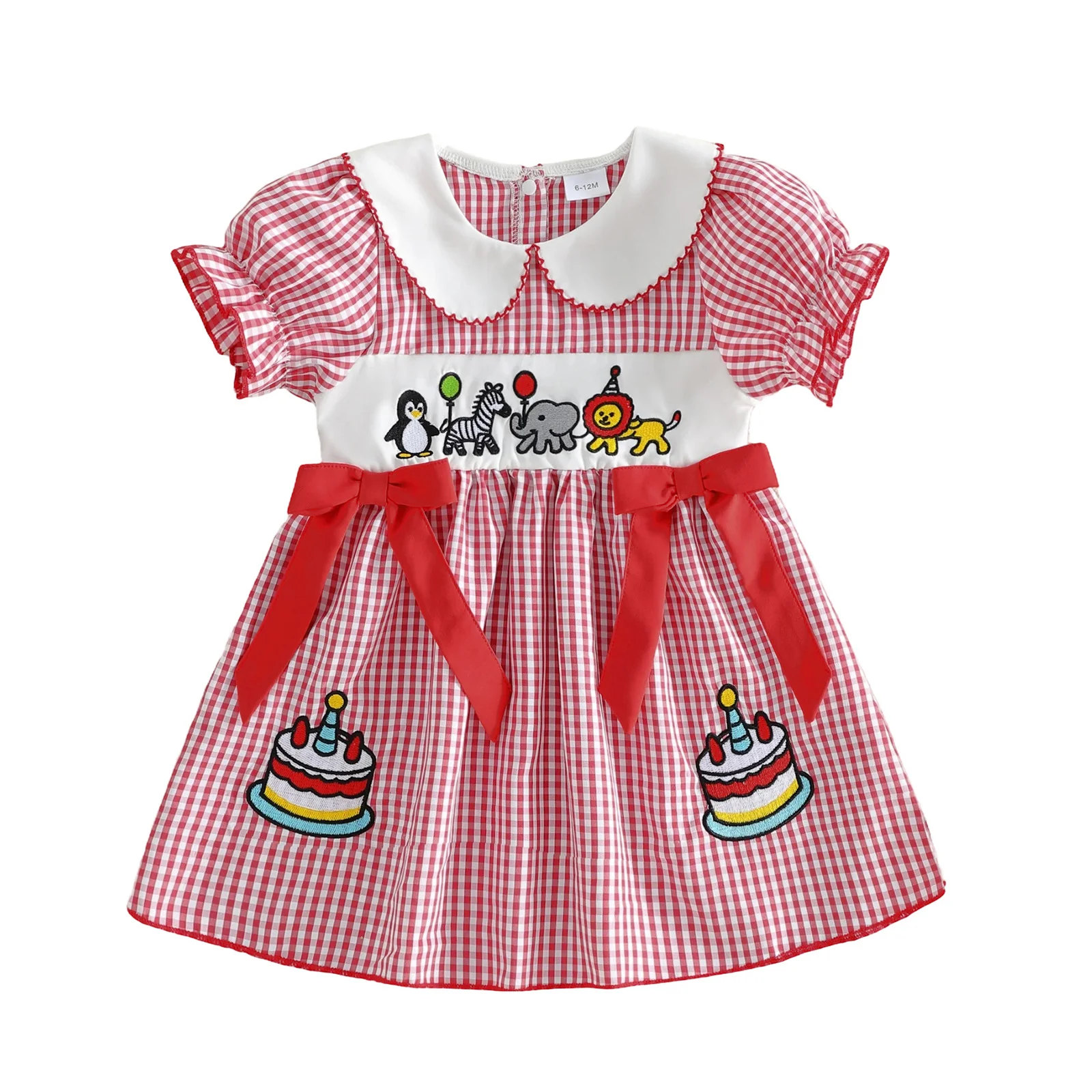 Ready To Ship Toddler Girl Birthday Animal Embroidery Dress Red Gingham Peter Pan Collar Kids Cute 4th of July Dress
