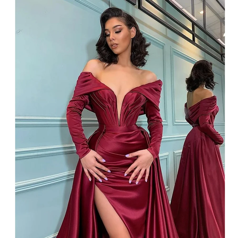 Vestidos de Noche elegantes con hombros descubiertos, abertura lateral alta, escote en V profundo, falda voluminosa asimétrica, vestidos de fiesta para banquete para mujer