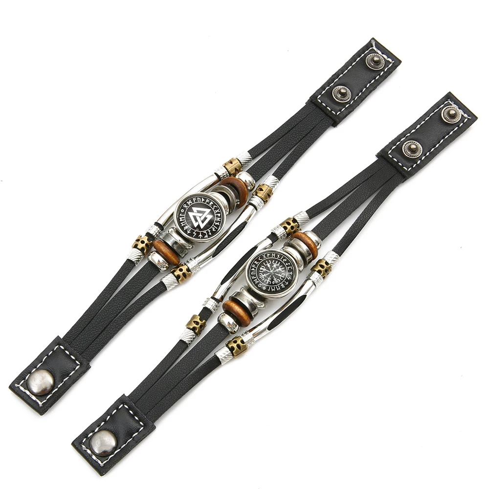 

Vintage Multi layered Beaded Bracelet Viking Pirate Compass Pattern Leather Bracelet