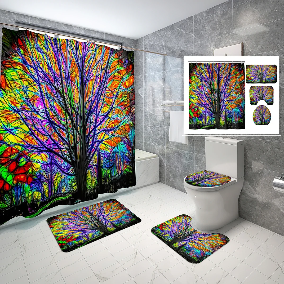 4 Pcs Tree of Life Shower Curtain Sets Nature Grass Trees Flowers Non-Slip Bath Mat Waterproof Shower Curtain Toilet Cover Sets