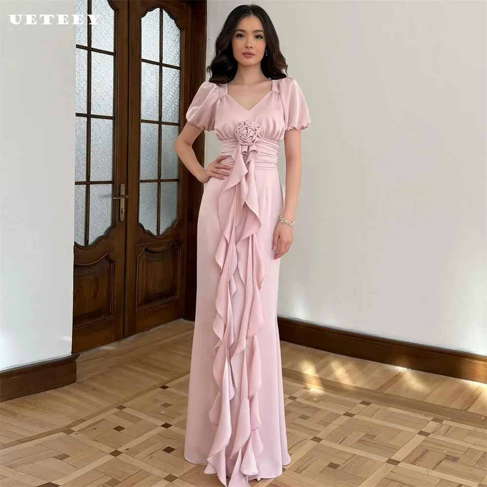 

UETEEY Customized Flower Puff sleeves Satin Sheath Prom Dress Bridesmaid Lace Up Back Party Dress Floor Length Evening Gown