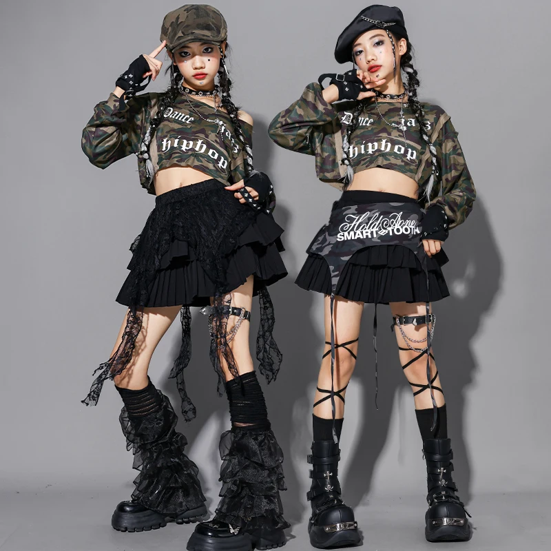 K-pop Costume da ballo Ragazze Jazz Outfit Kid Performance Show Abbigliamento Camouflage Crop Top Gonna nera Moda Streetwear AMY2928