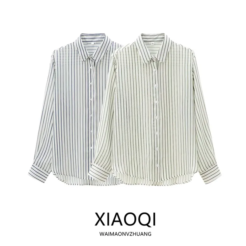 

Fall 2024 Women's Design Sense Commute Versatile Slimming Striped irt Quali Material Loose Fit Long Sve Busin Casual