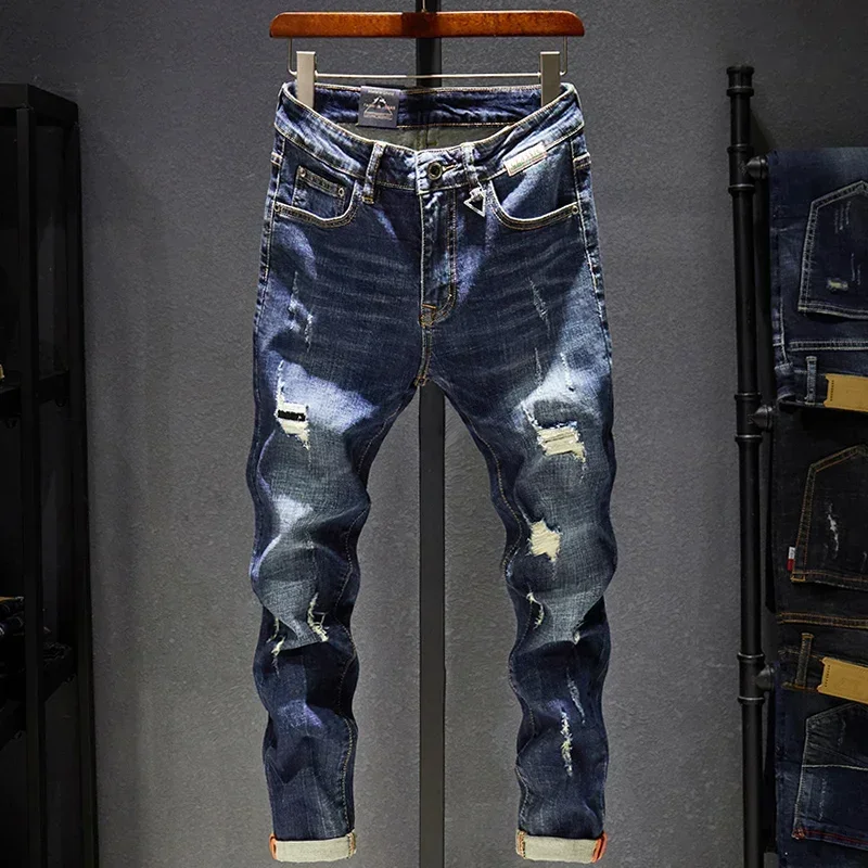 Mens Ripped Jeans Slim Fit Dark Blue Spring Autumn Destroyed Torn Stylish Moto Biker Jeans Denim Pants Men Hip Hop Streetwear