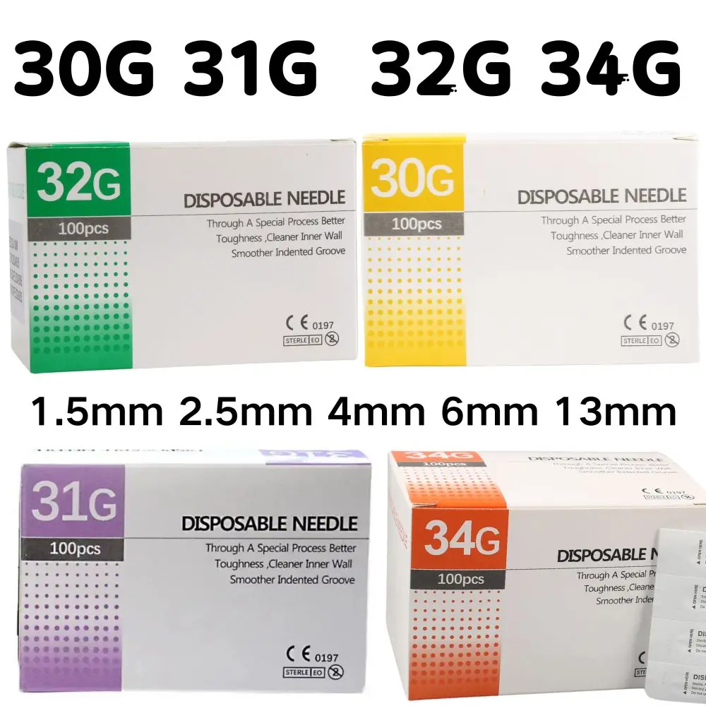 Aguja pequeña indolora desechable, inyector esterilizador, microaguja hipodérmica, 30G, 31G, 32G, 34G, 4mm, 13mm, 100 unids/lote por caja