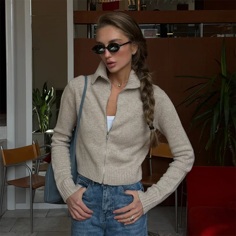 Tsiisd Women Zip Up Knit Cardigan Turn-Down Collar Long Sleeve Ribbed Sweater Jacket Fitted Casual Fall Jumpers Women's Cardigan
