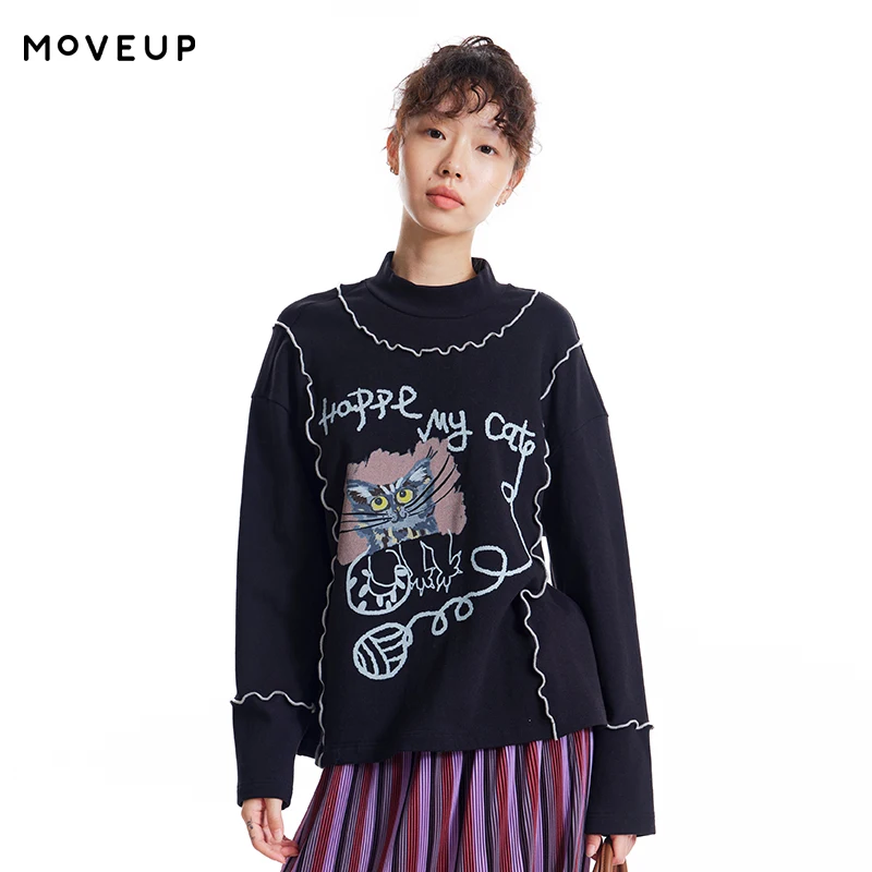MOVEUP Long Sleeved Stand Up Collar T-Shirt Winter Contrasting Lines Cartoon Cat Embroidery Casual Top For Women 3EWD10501