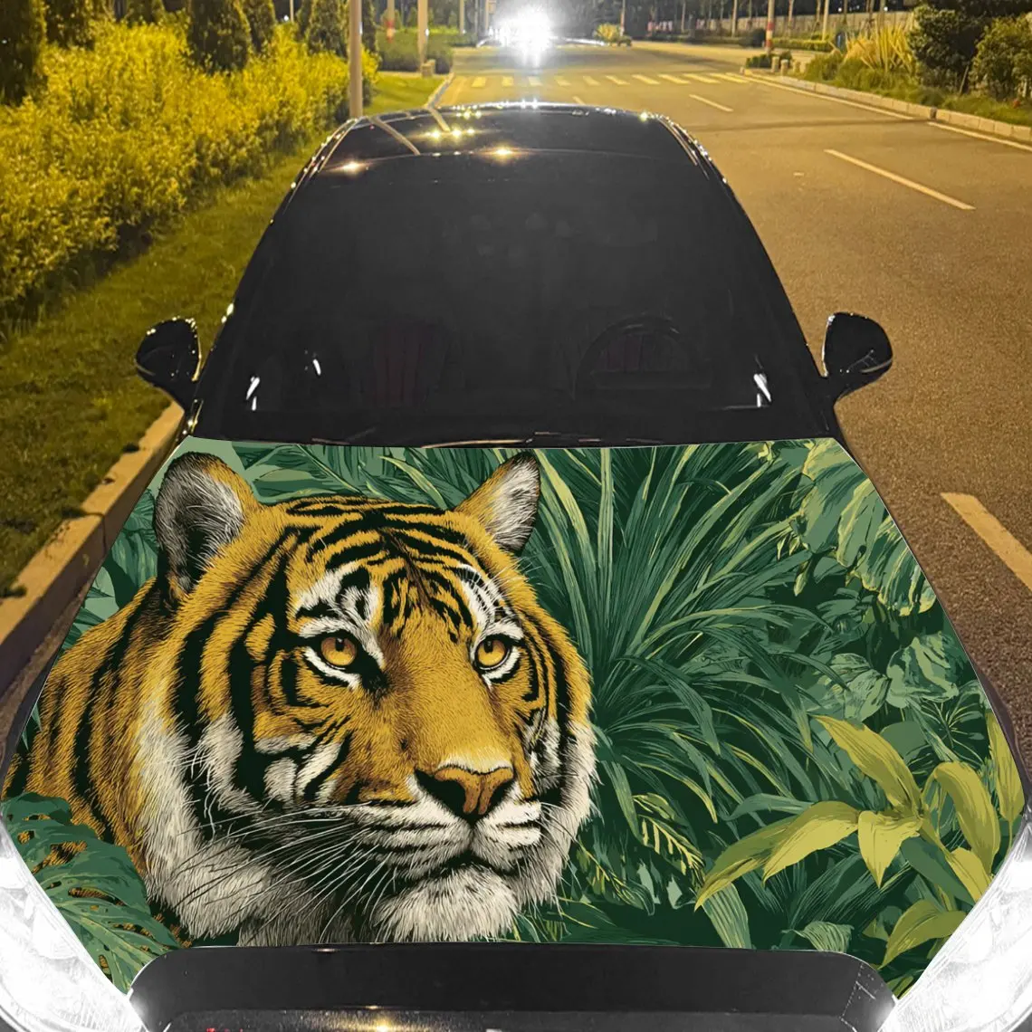 Car Decal Tiger in Lush Tropical Jungle Background & Artistic, Dynamic Visual Details Car Hood Sticker, Waterproof Self - Adhesi