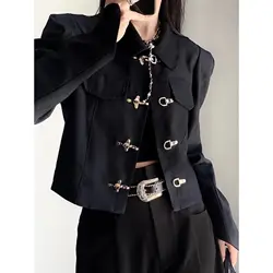 Women Coat 2022 Spring New Chinese Style Fashion Metal Button Office Lady Solid Full Chains Turn-down Collar Outerwear Coats