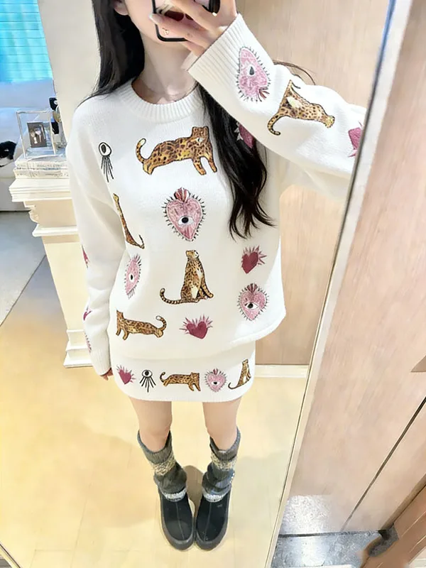 

Spring New Vintage Knitted Long Sleeve Top Short Skirt Two-Piece Set Age-Defying High-End Feel Animal Pattern round Neck Warmth