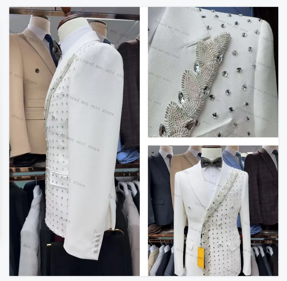 

White Groom Men Suits Set 2 Pieces Blazer+Pants Trousers Shiny Crystals Wedding Tuxedos Jacket Formal Office Red Carpet Coat