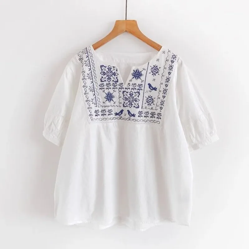 2025 verão novo estilo chinês linho bordado feminino retro literário vintage solto camisa de manga curta topo feminino