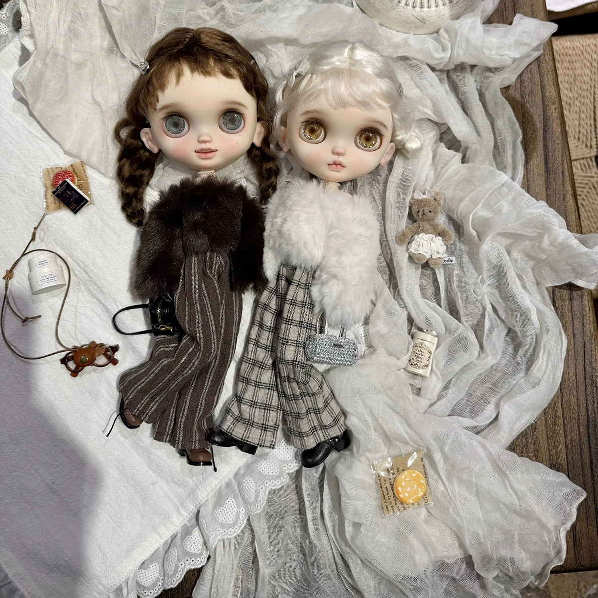 ICY DBS Blyth Doll Clothes Accessories French Vintage Luxury Plush Top+Long Pants Set For 19 Joint OB24 Azone Doll Dress Up