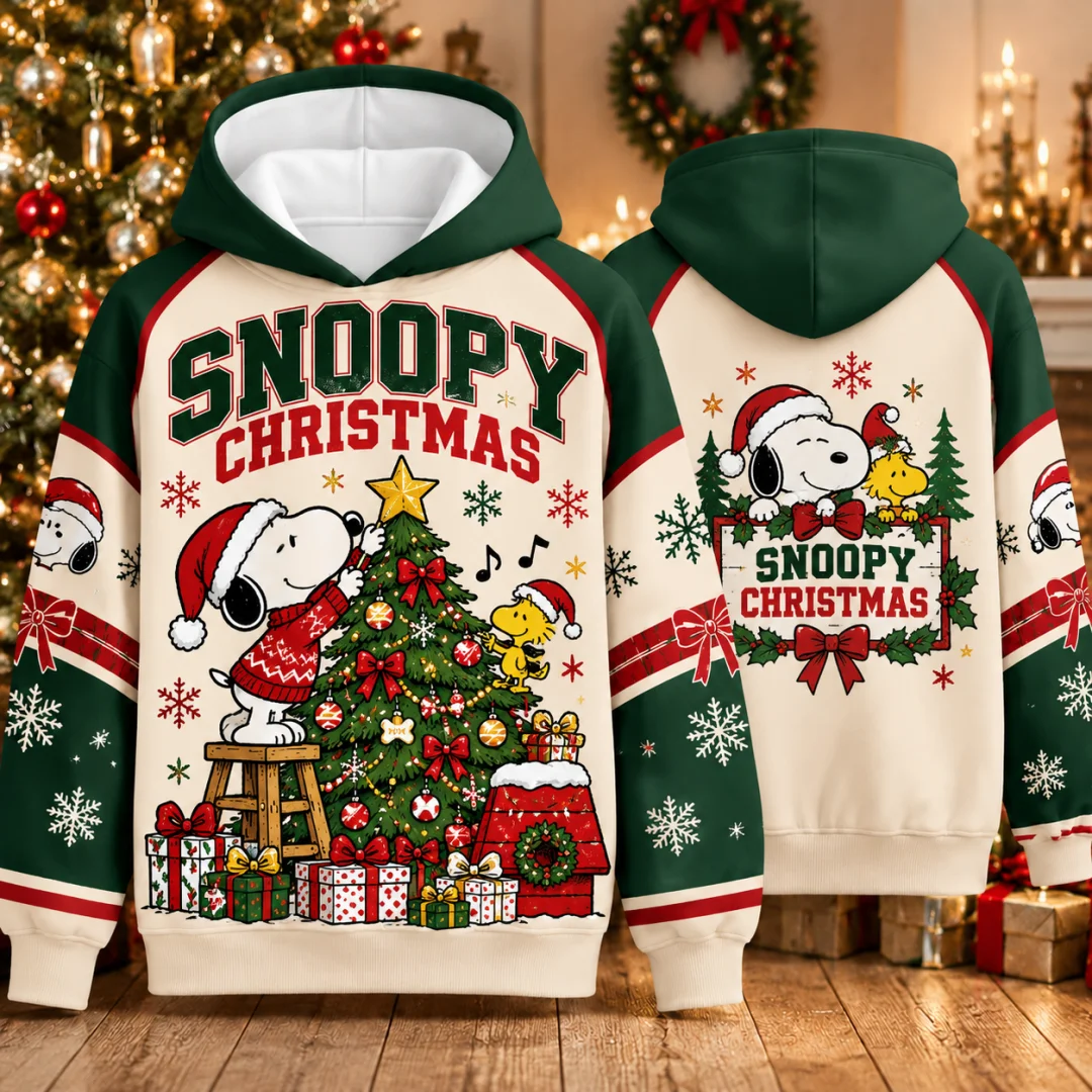 Snoopy Christmas Tree Decor Hoodie Men Women Unisex Hooded Sweatshirt Woodstock Xmas Holiday Couple Gift Kids Pullover Tops