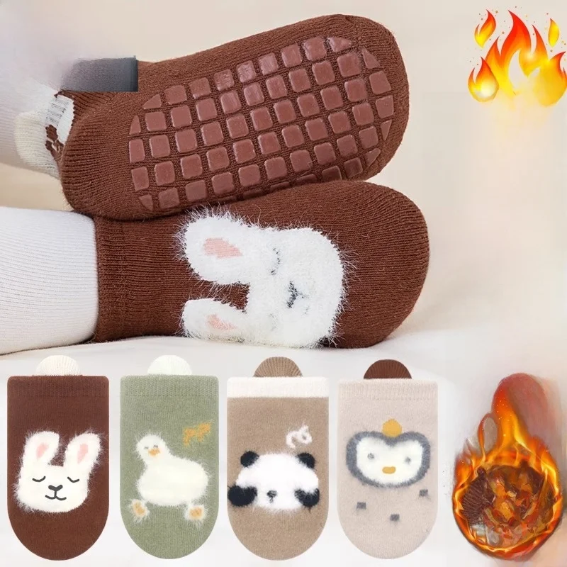 

Утепленные детские носки из чистого хлопка, противоскользящие носки для ходьбы по дому, для осени и зимы, детские спортивные носки