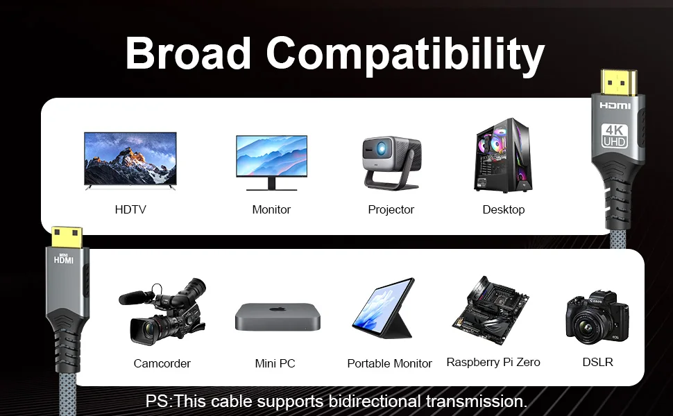 4K@60Hz Micro/Mini HDMI zu HDMI Kabel 18Gbps 2K@120Hz HDMI 2.0 HDR ARC für Kamera Sony Nikon Monitor Projektor HDTV Kamerakabel – Detail 12