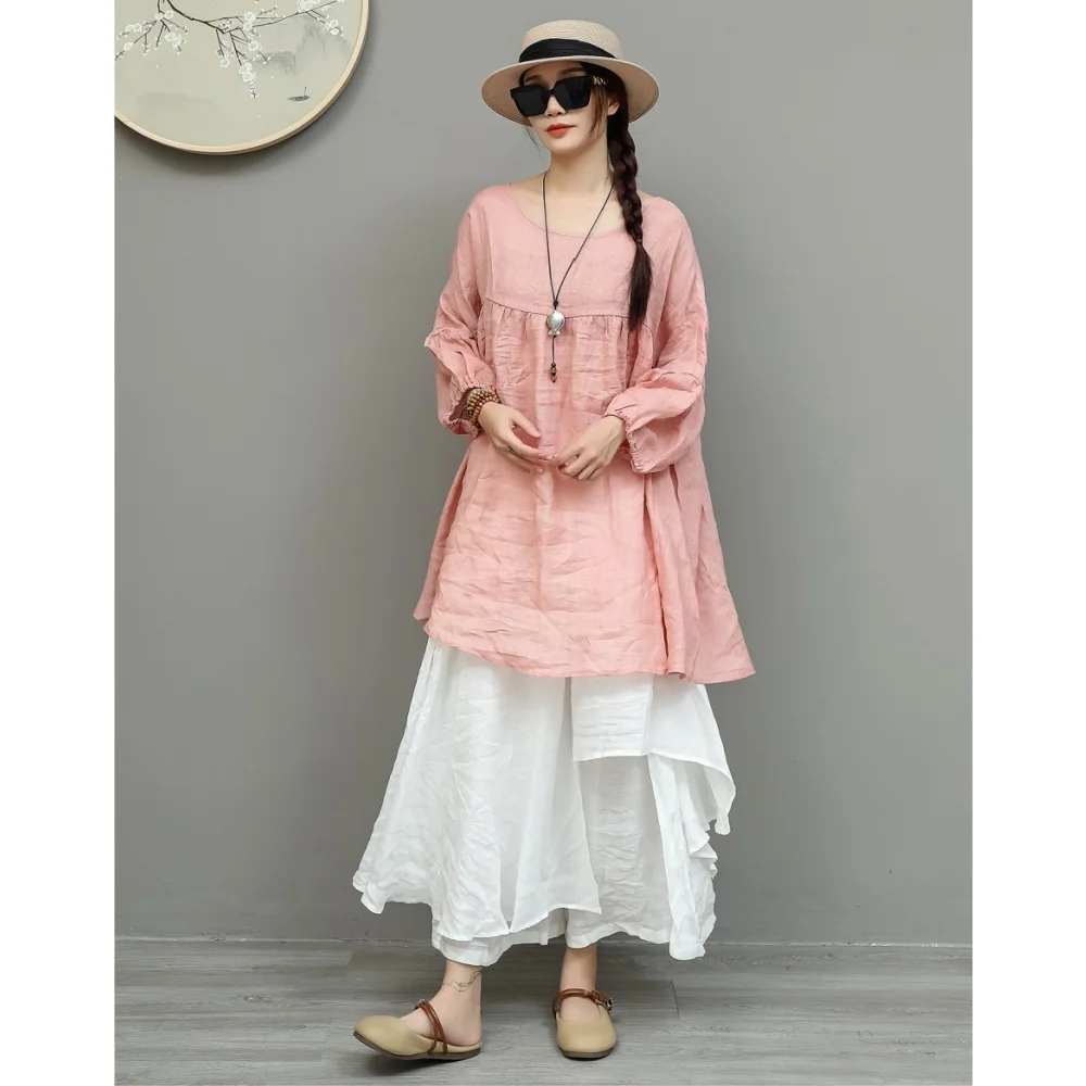 

Artistic Twill Ramie Suit Women Summer Lantern Sleeve Top + Loose Skirt-style Cropped Pants Two-piece Set XY256