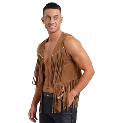 Mens Western Cowboy Vest Cosplay Outfits Faux Suede Tassel Vest Costume Rivets Fringe Waistcoat Open Front Sleeveless Jacket