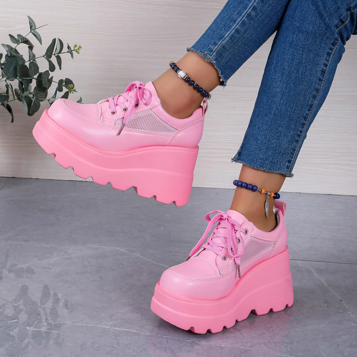 2024 Spring Autumn New Women's Vulcanize Shoes Inner Heightening Wedges Sneakers Pink White Platform Lace Up Zapatillas Mujer