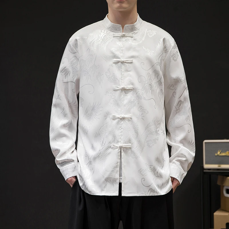 Ijs Zijde Dragon Mannen Shirt Chinese Stijl Retro Donkere Bloem Dun Vest Mens Casual Losse Traditionele Kung Fu Tai Chi Tang Shirt