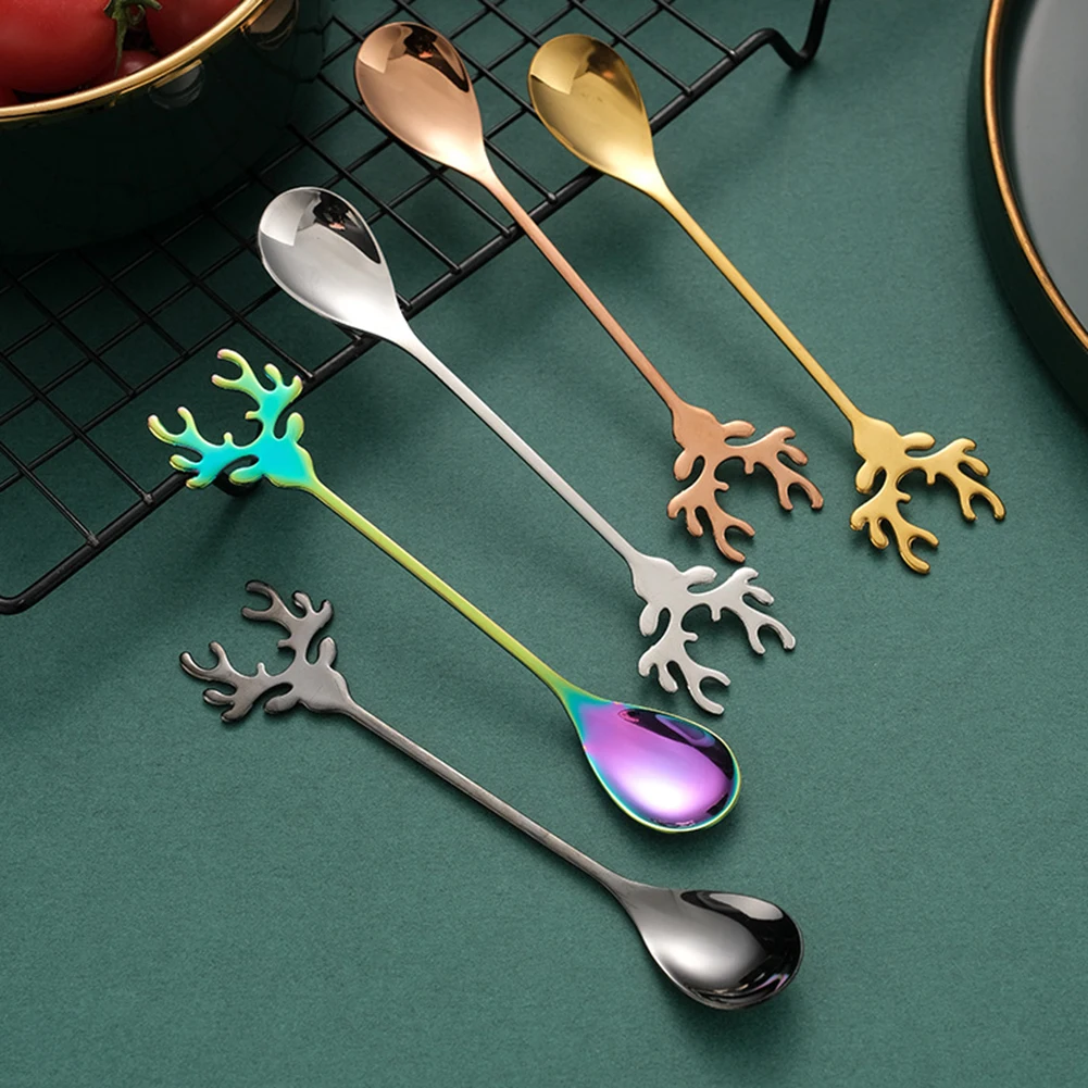 Sendok kopi Stainless Steel 14*2.4CM, sendok kopi kepala rusa, emas mawar, 1 buah sendok kopi kualitas tinggi