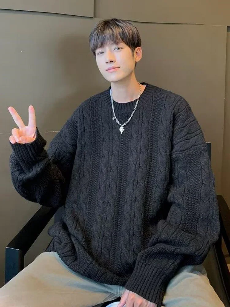 

Loose Fit Men's Knitted Sweater round Ne Long Sve Autumn Winter American Retro Sle Comfortable Casual High Quali Top